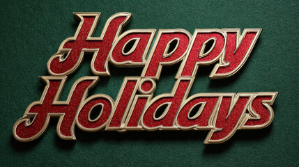 Happy holidays message in bold red glitter lettering with gold trim on a green textured background