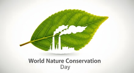 Illustration of world nature conservation day concept with factory smoke inside a green leaf isolated on white background