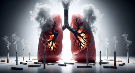 Illustration of smoking cigarettes and smoke forming lungs, representing lung damage and disease