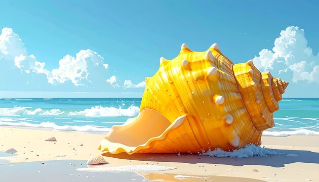 Giant golden seashell sits serenely on the sandy shore, waves lapping, beneath a bright, sunny, clouded sky - Powered by Adobe