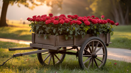 A rustic wooden cart filled with vibrant red roses sitting in a sunlit park during a golden hour sunset.