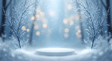 Illustration of winter forest podium with snow and bokeh lights, festive background