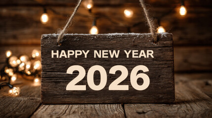 Happy new year 2026 wooden sign hanging with warm lights and rustic winter decor