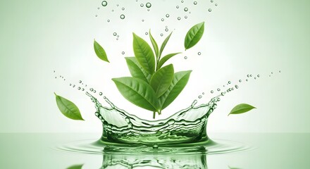 Illustration of fresh green tea leaves splashing into water with droplets