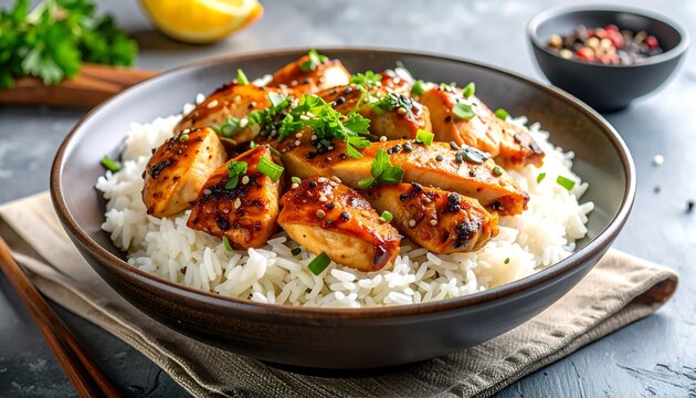 Bowl of rice with glazed chicken slices garnished with herbs & sesame seeds, served with pepper blend and lemon slice
