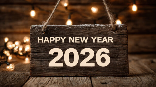 Happy new year 2026 wooden sign hanging with warm lights and rustic winter decor - Powered by Adobe