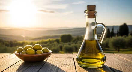 Illustration of bottle of olive oil and bowl of olives on wooden table with sunset landscape