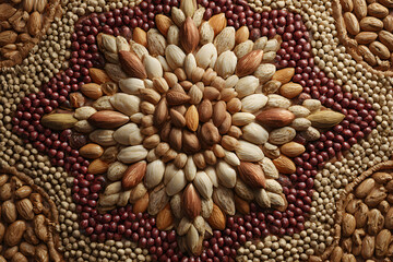 Colorful arrangement of nuts and seeds creates a stunning natural art design for decoration and inspiration