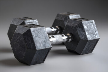 Black hexagonal dumbbells arranged on a smooth surface in a well-lit fitness space