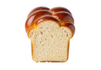 A freshly baked braided challah bread loaf, sliced to reveal its soft, airy crumb, isolated on transparent background