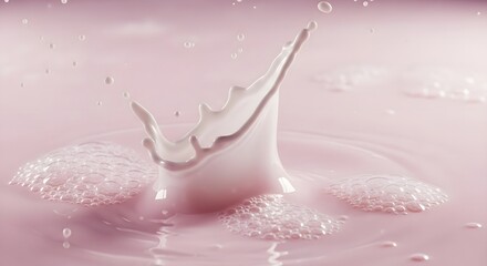 Illustration of closeup of a splash of white liquid in pink liquid, creating a crown shape