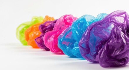 Row of colorful plastic bags on a white surface, representing environmental pollution and waste