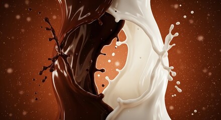 Illustration of chocolate and milk splashing together in a dynamic, abstract composition
