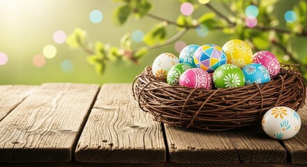 Colorful easter eggs in nest on rustic wooden table outdoors on bright sunny spring day