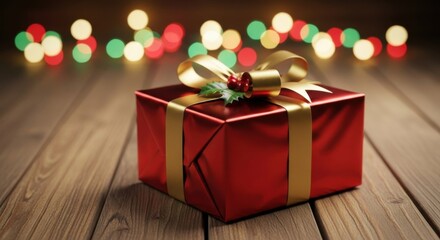 Festive red gift box with golden ribbon on a wooden surface under soft bokeh lights glow beautifully
