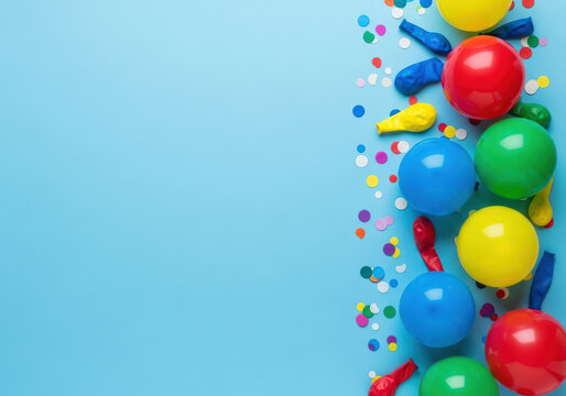 Colorful balloons and confetti on a vibrant blue background for celebrations