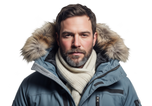 A man with a beard wearing a blue parka with a fur-lined hood, beard, coat, fur, hood, jacket, man, portrait, pose, scarf, trench coat, wear 