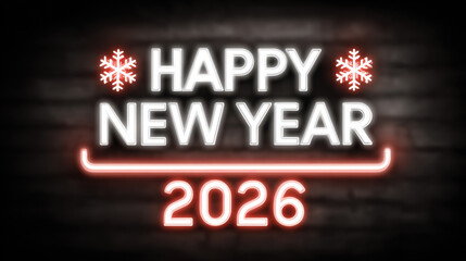 Happy New Year 2026 neon sign with glowing snowflakes on a dark brick wall background