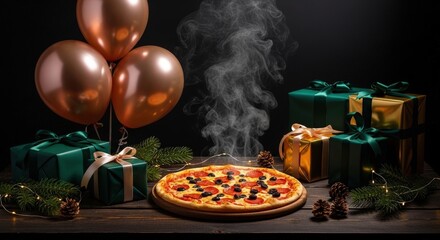 Hot pepperoni and olive pizza with gift boxes and balloons on a festive dark wooden table during celebration
