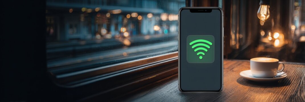Smartphone Displaying Wifi Symbol in Cozy Cafe Setting With Warm Lighting and Coffee Cup on Wooden Table