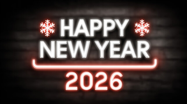 Happy New Year 2026 neon sign with glowing snowflakes on a dark brick wall background