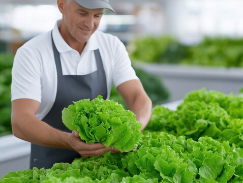 Male grocery store employee in gray apron examines fresh green lettuce, surrounded by vibrant produce in a well-lit market, showcasing dedication to quality and freshness