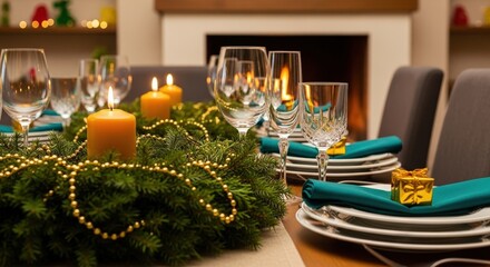 Elegant Christmas dinner table with green wreath, golden beads, burning candles, sparkling glasses, and plates in a cozy home