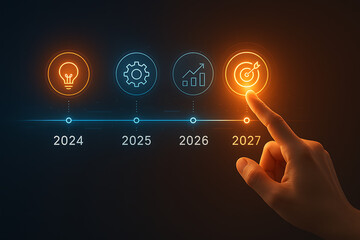 hand touches glowing target 2027 on digital timeline showing corporate evolution stages including innovation, setting, gear, process, growth, chart, and successful goal achievement for business
