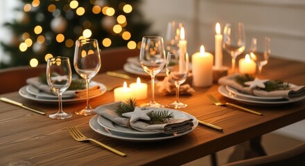 Christmas dinner table setup with elegant place settings, glowing candles, festive decor at home evening