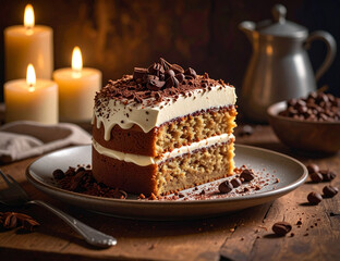 A decadent slice of homemade layered coffee cake with creamy frosting and chocolate shavings, served on a rustic wooden table in a cozy, romantic candlelit setting