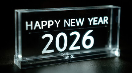 Fototapeta premium Happy new year 2026 glowing acrylic sign with modern illuminated text on a dark background