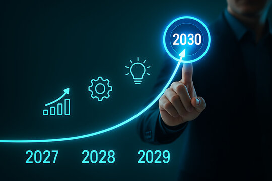 businessman finger touches the glowing 2030 circle on a growing blue curve path symbolizing long-term business strategy, development, process, idea generation, and financial success growth