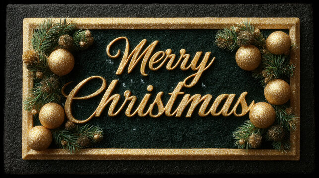 Luxurious Merry Christmas plaque with glittering gold script lettering, golden ornaments, pine branches, and a textured dark green velvet background - Powered by Adobe