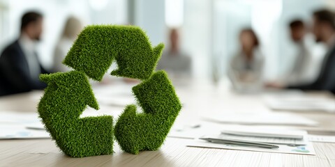 Close-up of recycle logo covered with green grass on the meeting table, concept for ecology presentation, sustainability report and environmental awareness