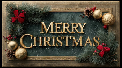 Elegant Merry Christmas sign with golden lettering, pine branches, red bows, baubles, and festive greenery on a textured dark green background