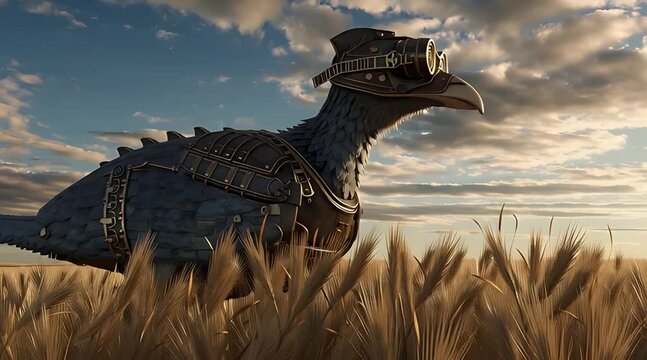 Steampunk mechanical bird with goggles and armor standing in a golden wheat field at sunset