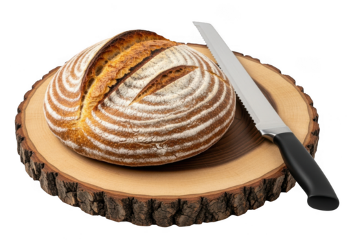 Artisan sourdough bread with a rustic crust, sliced and ready to serve on a wooden board with a knife, isolated on transparent background