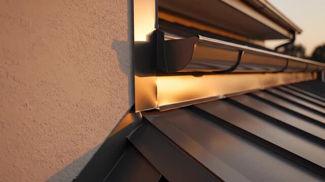 Close-up view of a modern house roof with metal gutters and panels at sunset.