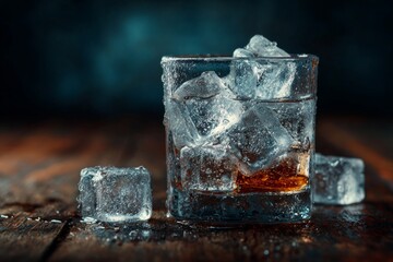 Glass of cold whiskey with melting ice cubes on a dark wooden surface