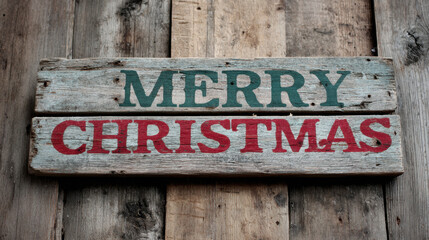 Naklejka premium Rustic wooden sign with weathered teal and red paint displaying the phrase merry christmas on aged barn wood