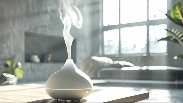 A modern aroma diffuser releasing a plume of vapor sits on a wooden table in a brightly lit contemporary room
