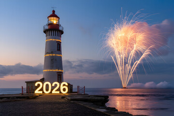 New Year 2026 celebration with a spectacular fireworks display over the sea by an illuminated coastal lighthouse at twilight.