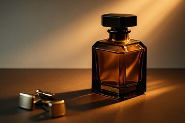Faceted amber glass perfume bottle with black cap standing in golden evening light on warm beige surface, luxurious classic fragrance still life.
