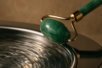 Emerald jade facial roller with polished gold handle hovering above rippling silver water in warm beige light, luxurious natural skincare massage tool.
