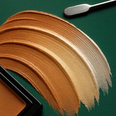 Wide creamy brushstrokes of foundation in warm caramel, sand and ivory shades on deep emerald green background with metal spatula and makeup brush, showcasing cosmetic base color range.
