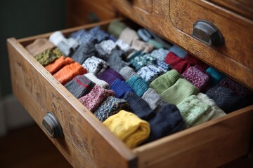 Colorful socks folded vertically inside a tidy wooden dresser drawer