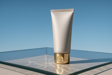 Pearl white cosmetic tube with brushed honey gold cap standing on clear glass platform against bright blue sky, minimal premium skincare packaging.
