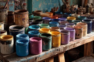 Colorful paint jars arranged on a rustic wooden table in an artist's studio