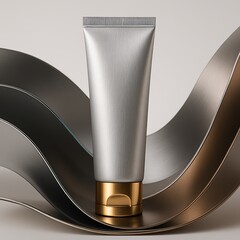 Slim metallic silver cosmetic tube with rich amber gold base standing in front of sweeping bronze and gunmetal waves, stylish premium skincare packaging.
