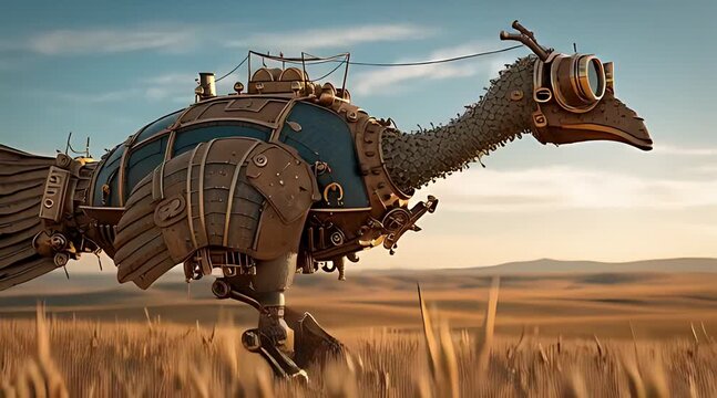 Steampunk mechanical ostrich robot walking through a dry grassy field